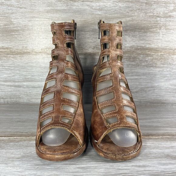 Bed Stu Women's Occam Cognac Brown Leather Peep Toe Heels Size 7 - Picture 2 of 10